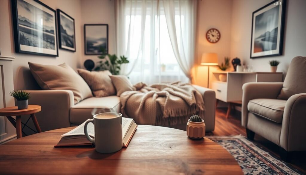 A cozy living room design in a small apartment, featuring a plush, inviting sofa adorned with soft throw pillows and a warm, knitted blanket. In the foreground, a wooden coffee table holds an open book, a steaming mug, and a small potted plant. The middle ground showcases a vintage rug that adds warmth, framed artwork on the walls depicting serene landscapes, and a soft armchair. The background reveals a window draped with sheer curtains, allowing soft, natural light to flood the space. The lighting is warm and inviting, creating a snug atmosphere. The scene is shot at eye level, capturing the intimate details of the decor, promoting a relaxing vibe perfect for a quiet evening.