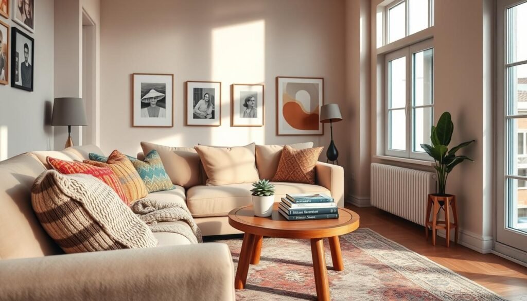 A cozy living room design in a small apartment, featuring warm tones and personalized decor. In the foreground, a plush, soft-textured beige sofa adorned with colorful, patterned throw pillows. A knitted blanket drapes casually over the armrest. The middle area showcases a round wooden coffee table with a small potted succulent and a stack of art books, creating an inviting atmosphere. In the background, light pastel walls are decorated with framed personal photographs and abstract art. Large windows allow gentle, natural light to flood the space, casting soft shadows and enhancing the warmth. A vintage rug anchors the space, while soft diffused lighting creates an overall serene and intimate ambiance. The scene captures a unique blend of comfort and personalization, perfect for small living spaces.