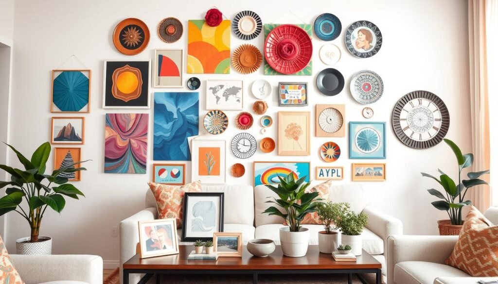 A cozy living room scene featuring a vibrant gallery wall adorned with various non-damaging wall decor ideas. In the foreground, a stylish console table holds potted plants and framed photos secured with adhesive strips. The middle ground showcases a diverse array of artwork, including colorful canvas prints, fabric hangings, and decorative plates, all creatively arranged without the use of nails. In the background, soft natural light filters through sheer curtains, enhancing the warm and inviting atmosphere. Use a wide-angle lens perspective to capture the entire room while ensuring the artwork remains the focal point. The overall mood is uplifting and inspirational, emphasizing a renter-friendly approach to personalizing living spaces. A cozy living room scene featuring a vibrant gallery wall adorned with various non-damaging wall decor ideas. In the foreground, a stylish console table holds potted plants and framed photos secured with adhesive strips. The middle ground showcases a diverse array of artwork, including colorful canvas prints, fabric hangings, and decorative plates, all creatively arranged without the use of nails. In the background, soft natural light filters through sheer curtains, enhancing the warm and inviting atmosphere. Use a wide-angle lens perspective to capture the entire room while ensuring the artwork remains the focal point. The overall mood is uplifting and inspirational, emphasizing a renter-friendly approach to personalizing living spaces.