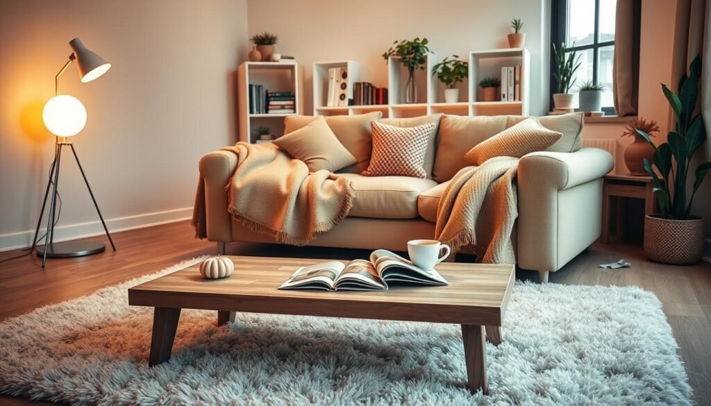 A cozy living room setup featuring a compact, stylish arrangement. In the foreground, a soft, inviting area rug lies beneath a low wooden coffee table adorned with a couple of carefully arranged magazines and a steaming cup of tea. The middle ground showcases a plush, L-shaped sofa draped with warm throw blankets and decorative pillows, emphasizing comfort. A sleek floor lamp with a warm glow stands nearby, casting a welcoming light. In the background, a softly lit bookshelf filled with neatly organized books and potted plants adds a personal touch. The walls are painted in soft, warm tones, enhancing the relaxed atmosphere. Natural light filters in through a nearby window, creating an inviting and tranquil scene perfect for relaxation. A cozy living room setup featuring a compact, stylish arrangement. In the foreground, a soft, inviting area rug lies beneath a low wooden coffee table adorned with a couple of carefully arranged magazines and a steaming cup of tea. The middle ground showcases a plush, L-shaped sofa draped with warm throw blankets and decorative pillows, emphasizing comfort. A sleek floor lamp with a warm glow stands nearby, casting a welcoming light. In the background, a softly lit bookshelf filled with neatly organized books and potted plants adds a personal touch. The walls are painted in soft, warm tones, enhancing the relaxed atmosphere. Natural light filters in through a nearby window, creating an inviting and tranquil scene perfect for relaxation.