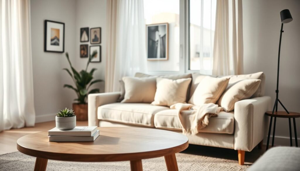 A cozy minimalist apartment featuring simple yet stylish decorations. In the foreground, a small round wooden coffee table adorned with a potted succulent and a stack of books. The middle ground showcases a plush, neutral-colored sofa dressed with soft, textured pillows and a lightweight throw. In the background, a small gallery wall of framed abstract art adds personality, while a slender, tall indoor plant brings life to the corner. Soft, natural light spills in through a large window with sheer curtains, creating a warm and inviting atmosphere. Capture this scene from a slightly elevated angle to emphasize the space’s openness and functionality. The overall mood should feel welcoming and personalized, reflecting smart, budget-friendly decor choices. A cozy minimalist apartment featuring simple yet stylish decorations. In the foreground, a small round wooden coffee table adorned with a potted succulent and a stack of books. The middle ground showcases a plush, neutral-colored sofa dressed with soft, textured pillows and a lightweight throw. In the background, a small gallery wall of framed abstract art adds personality, while a slender, tall indoor plant brings life to the corner. Soft, natural light spills in through a large window with sheer curtains, creating a warm and inviting atmosphere. Capture this scene from a slightly elevated angle to emphasize the space’s openness and functionality. The overall mood should feel welcoming and personalized, reflecting smart, budget-friendly decor choices.