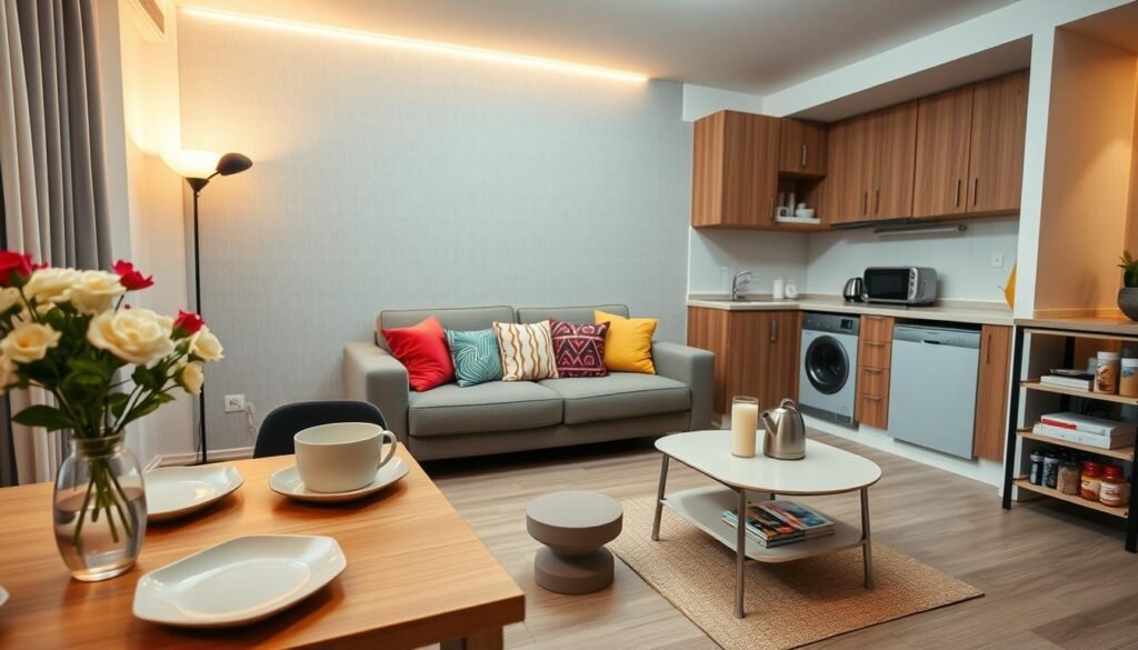 A cozy, modern apartment interior featuring essential furniture and kitchen supplies. In the foreground, a small dining table set for two with a sleek tableware arrangement, complete with a vase of fresh flowers. The middle layer showcases a comfortable sofa with colorful cushions against a stylish accent wall, accompanied by a minimalist coffee table displaying a few books and a candle. The background reveals a well-organized kitchen with essential appliances like a kettle, toaster, and a neatly stocked spice rack, along with cabinets filled with dishware and utensils. The scene is softly lit with warm, natural light streaming through a window, creating a welcoming atmosphere. Employ a wide-angle perspective to capture the full space, emphasizing the sense of comfort and functionality in a new living space. A cozy, modern apartment interior featuring essential furniture and kitchen supplies. In the foreground, a small dining table set for two with a sleek tableware arrangement, complete with a vase of fresh flowers. The middle layer showcases a comfortable sofa with colorful cushions against a stylish accent wall, accompanied by a minimalist coffee table displaying a few books and a candle. The background reveals a well-organized kitchen with essential appliances like a kettle, toaster, and a neatly stocked spice rack, along with cabinets filled with dishware and utensils. The scene is softly lit with warm, natural light streaming through a window, creating a welcoming atmosphere. Employ a wide-angle perspective to capture the full space, emphasizing the sense of comfort and functionality in a new living space.