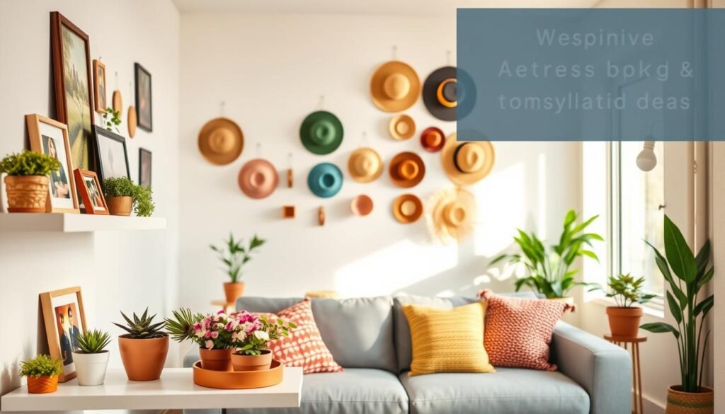A cozy, modern living space featuring personalized wall decorations on floating shelves and adhesive hooks. In the foreground, vibrant collectibles like potted plants, framed photographs, and small art pieces rest on white floating shelves. The middle ground shows a softly lit wall with adhesive hooks displaying colorful hats and woven baskets, creating a sense of warmth and charm. In the background, an inviting atmosphere is accentuated by soft, natural light streaming through a window, casting a gentle glow. The overall mood is inspiring and refreshing, emphasizing a renter-friendly aesthetic that is easy to achieve, with a focus on simplicity and creativity. The scene should convey a sense of harmony and individuality without any clutter or distractions. A cozy, modern living space featuring personalized wall decorations on floating shelves and adhesive hooks. In the foreground, vibrant collectibles like potted plants, framed photographs, and small art pieces rest on white floating shelves. The middle ground shows a softly lit wall with adhesive hooks displaying colorful hats and woven baskets, creating a sense of warmth and charm. In the background, an inviting atmosphere is accentuated by soft, natural light streaming through a window, casting a gentle glow. The overall mood is inspiring and refreshing, emphasizing a renter-friendly aesthetic that is easy to achieve, with a focus on simplicity and creativity. The scene should convey a sense of harmony and individuality without any clutter or distractions.