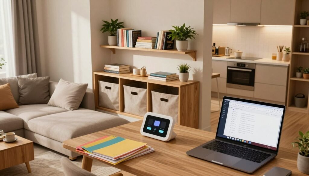 A cozy, modern small apartment interior showcasing effective organization techniques. In the foreground, neatly arranged desk with a stylish digital organizer, colorful files, and a laptop with visible digital clutter management apps open. The middle layer features a compact living area with multifunctional furniture, clever storage solutions like under-couch bins and a wall-mounted shelf filled with organized books and plants. The background shows a well-lit kitchenette with tidy countertops, emphasizing minimalism. Soft, warm lighting creates a welcoming atmosphere, and the perspective is from an angle that captures both the workspace and living area harmoniously. The mood is calm and productive, ideal for inspiring small-space organization. A cozy, modern small apartment interior showcasing effective organization techniques. In the foreground, neatly arranged desk with a stylish digital organizer, colorful files, and a laptop with visible digital clutter management apps open. The middle layer features a compact living area with multifunctional furniture, clever storage solutions like under-couch bins and a wall-mounted shelf filled with organized books and plants. The background shows a well-lit kitchenette with tidy countertops, emphasizing minimalism. Soft, warm lighting creates a welcoming atmosphere, and the perspective is from an angle that captures both the workspace and living area harmoniously. The mood is calm and productive, ideal for inspiring small-space organization.