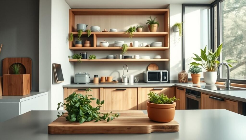 A cozy modern small kitchen, designed for apartment living, showcasing natural elements. In the foreground, a sleek countertop with a wooden cutting board and fresh herbs in a terracotta pot. The middle layer features minimalist cabinetry in earthy tones, with open shelves displaying rustic dishware and indoor plants, like ferns and succulents, adding greenery. The background includes a large window that floods the space with soft, natural light, illuminating the wooden accents and modern appliances. The scene conveys a warm, inviting atmosphere, with an emphasis on sustainability and simplicity. The lens should capture a wide angle to show the entire space cohesively. No people are present in the image, allowing the kitchen design to take center stage. A cozy modern small kitchen, designed for apartment living, showcasing natural elements. In the foreground, a sleek countertop with a wooden cutting board and fresh herbs in a terracotta pot. The middle layer features minimalist cabinetry in earthy tones, with open shelves displaying rustic dishware and indoor plants, like ferns and succulents, adding greenery. The background includes a large window that floods the space with soft, natural light, illuminating the wooden accents and modern appliances. The scene conveys a warm, inviting atmosphere, with an emphasis on sustainability and simplicity. The lens should capture a wide angle to show the entire space cohesively. No people are present in the image, allowing the kitchen design to take center stage.