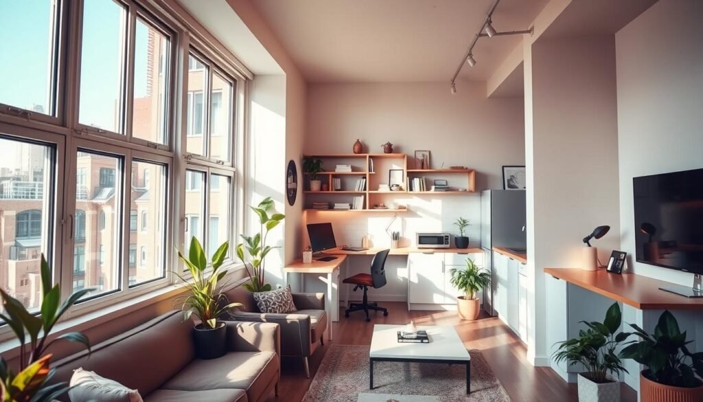 A cozy, modern studio apartment designed to maximize small spaces, featuring large windows that fill the room with natural light, casting soft shadows. In the foreground, a compact, chic seating area with a stylish couch and a small coffee table, accented with vibrant houseplants for a touch of greenery. In the middle, a multifunctional workspace with a sleek desk and ergonomic chair, surrounded by organized shelving that showcases decorative items and books. The background reveals a well-organized kitchenette with open shelves and space-saving appliances. The lighting is warm and inviting, creating a calm and serene ambiance, with a focus on minimalist design elements. Capture the essence of an efficiently designed living space that feels airy and bright, inviting the viewer to envision themselves in this harmonious environment. A cozy, modern studio apartment designed to maximize small spaces, featuring large windows that fill the room with natural light, casting soft shadows. In the foreground, a compact, chic seating area with a stylish couch and a small coffee table, accented with vibrant houseplants for a touch of greenery. In the middle, a multifunctional workspace with a sleek desk and ergonomic chair, surrounded by organized shelving that showcases decorative items and books. The background reveals a well-organized kitchenette with open shelves and space-saving appliances. The lighting is warm and inviting, creating a calm and serene ambiance, with a focus on minimalist design elements. Capture the essence of an efficiently designed living space that feels airy and bright, inviting the viewer to envision themselves in this harmonious environment.