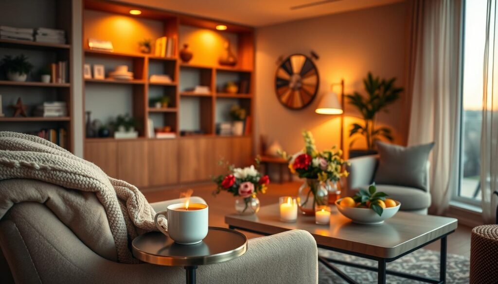 A cozy rental unit designed for warmth, filled with inviting scents. In the foreground, a plush, oversized armchair draped with a soft throw blanket, accompanied by a small side table holding a steaming mug of herbal tea and a lit aromatic candle. In the middle, a stylish coffee table adorned with fresh flowers and a bowl of citrus fruits, creating a sense of freshness and comfort. The background features a softly lit living space with warm tones, including wooden shelves lined with books and decorative items, a softly glowing floor lamp, and a window showcasing a serene view with sheer curtains gently swaying. The atmosphere is warm and inviting, captured in a warm golden hour light, evoking a sense of tranquility and relaxation. The angle is slightly elevated, showcasing the cozy layout. A cozy rental unit designed for warmth, filled with inviting scents. In the foreground, a plush, oversized armchair draped with a soft throw blanket, accompanied by a small side table holding a steaming mug of herbal tea and a lit aromatic candle. In the middle, a stylish coffee table adorned with fresh flowers and a bowl of citrus fruits, creating a sense of freshness and comfort. The background features a softly lit living space with warm tones, including wooden shelves lined with books and decorative items, a softly glowing floor lamp, and a window showcasing a serene view with sheer curtains gently swaying. The atmosphere is warm and inviting, captured in a warm golden hour light, evoking a sense of tranquility and relaxation. The angle is slightly elevated, showcasing the cozy layout.