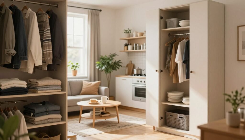 A cozy, small apartment interior focused on optimizing closet and cabinet storage. In the foreground, a neatly organized closet with shelves showcasing folded clothes, stacked bins, and hanging accessories. An open cabinet displays well-arranged kitchen items and dishes. In the middle, a stylishly decorated living area with a small sofa, a coffee table, and plants, creating a warm atmosphere. In the background, soft light filters through large windows, casting gentle shadows, enhancing the clean and tidy vibe. The scene is captured with a soft-focus lens, emphasizing the organization, and the mood feels serene and inviting, ideal for a practical, stylish living space. A cozy, small apartment interior focused on optimizing closet and cabinet storage. In the foreground, a neatly organized closet with shelves showcasing folded clothes, stacked bins, and hanging accessories. An open cabinet displays well-arranged kitchen items and dishes. In the middle, a stylishly decorated living area with a small sofa, a coffee table, and plants, creating a warm atmosphere. In the background, soft light filters through large windows, casting gentle shadows, enhancing the clean and tidy vibe. The scene is captured with a soft-focus lens, emphasizing the organization, and the mood feels serene and inviting, ideal for a practical, stylish living space.