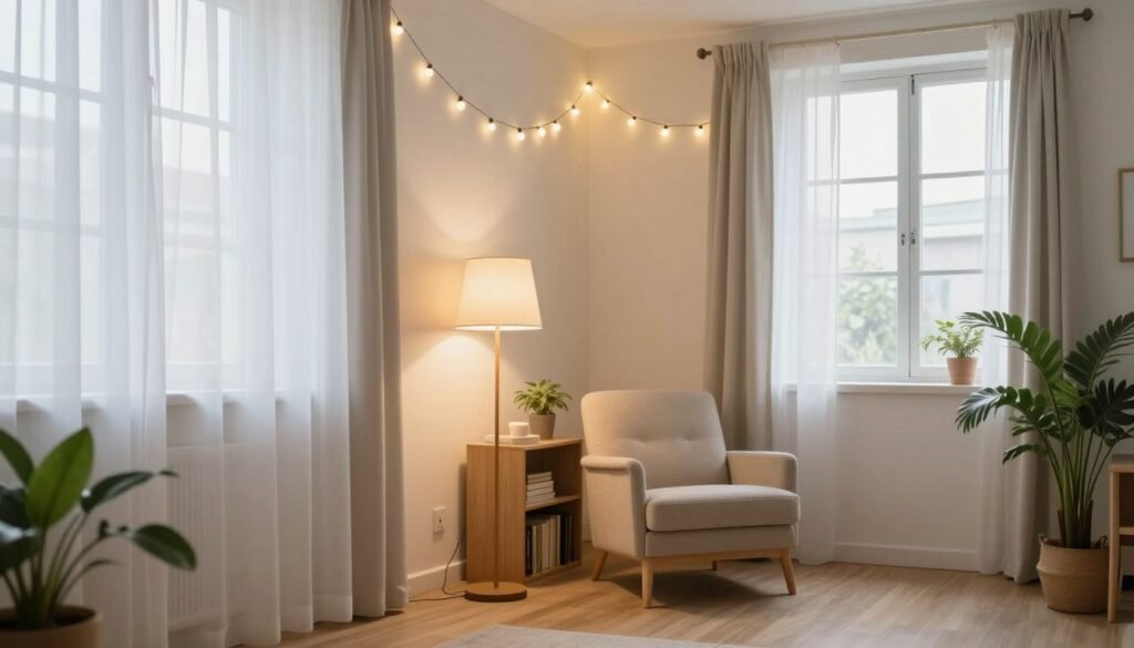 A cozy small apartment interior showcasing innovative lighting solutions. In the foreground, a stylish floor lamp with a soft, warm glow illuminates a reading nook with a comfortable armchair and a small bookshelf. The middle section features strategically placed string lights adorning a feature wall, enhancing the room’s depth. In the background, large windows with sheer curtains allow natural light to flood in, creating a bright and airy atmosphere. The color palette is light and neutral, complemented by touches of greenery from potted plants. The overall mood is inviting and cheerful, with a sense of spaciousness, inviting imaginative living in a compact environment. The image is captured with a soft focus, simulating a wide-angle view to emphasize the arrangement and brightness in the intimate space. A cozy small apartment interior showcasing innovative lighting solutions. In the foreground, a stylish floor lamp with a soft, warm glow illuminates a reading nook with a comfortable armchair and a small bookshelf. The middle section features strategically placed string lights adorning a feature wall, enhancing the room’s depth. In the background, large windows with sheer curtains allow natural light to flood in, creating a bright and airy atmosphere. The color palette is light and neutral, complemented by touches of greenery from potted plants. The overall mood is inviting and cheerful, with a sense of spaciousness, inviting imaginative living in a compact environment. The image is captured with a soft focus, simulating a wide-angle view to emphasize the arrangement and brightness in the intimate space.