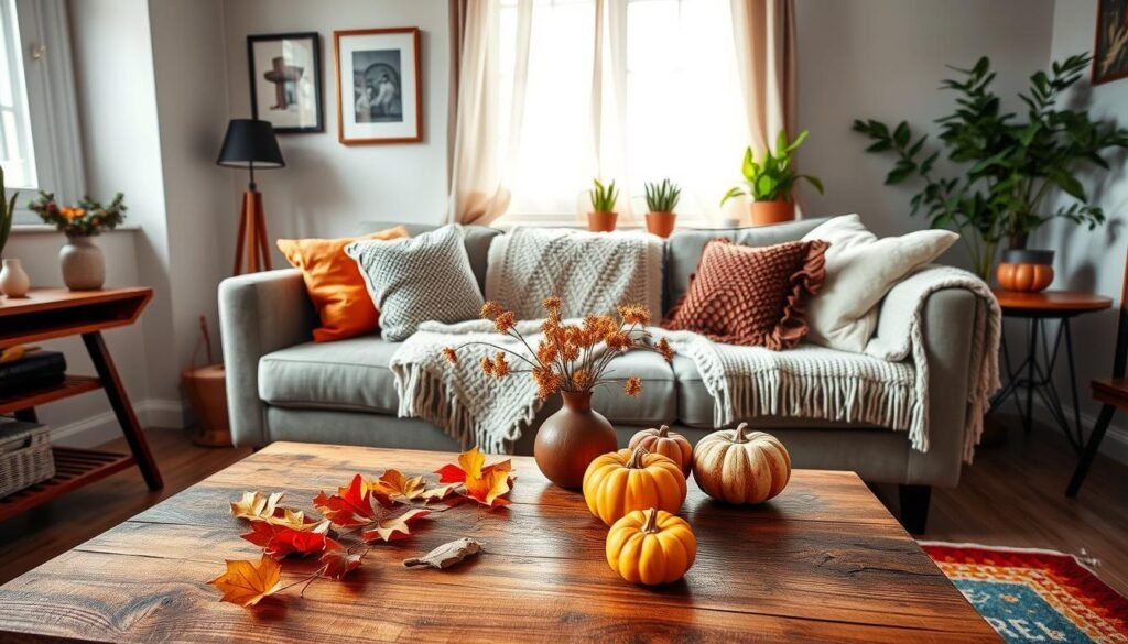 A cozy small apartment interior, showcasing seasonal decor changes on a budget. In the foreground, a rustic wooden coffee table adorned with colorful autumn leaves, mini pumpkins, and a small vase of dried flowers. In the middle, a stylish sofa with affordable, textured throw pillows and a soft knitted blanket, paired with a vibrant, inexpensive area rug that adds warmth. The background features a window with sheer curtains allowing soft, natural light to filter in, illuminating simple wall art and a few potted houseplants displaying lively green foliage. The mood is inviting and creative, emphasizing personal touches that reflect seasonal themes while remaining budget-friendly. Capture the scene from a slightly elevated angle for a comprehensive view. A cozy small apartment interior, showcasing seasonal decor changes on a budget. In the foreground, a rustic wooden coffee table adorned with colorful autumn leaves, mini pumpkins, and a small vase of dried flowers. In the middle, a stylish sofa with affordable, textured throw pillows and a soft knitted blanket, paired with a vibrant, inexpensive area rug that adds warmth. The background features a window with sheer curtains allowing soft, natural light to filter in, illuminating simple wall art and a few potted houseplants displaying lively green foliage. The mood is inviting and creative, emphasizing personal touches that reflect seasonal themes while remaining budget-friendly. Capture the scene from a slightly elevated angle for a comprehensive view.