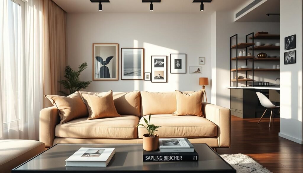 A cozy small apartment interior that emphasizes a stylish focal point. In the foreground, a beautifully arranged living area featuring a sophisticated, plush sofa adorned with a couple of decorative cushions in muted colors. A sleek coffee table with an elegant arrangement of books and a small potted plant sits in front of the sofa. The middle ground showcases an artistic gallery wall, with framed prints and a large mirror catching the light. In the background, a contemporary kitchen with open shelving displays chic dishware and decorative jars. Soft, natural light filters in through sheer curtains, casting gentle shadows. The overall mood is inviting and elegant, with a touch of modern minimalism, utilizing a 35mm lens perspective to capture depth and warmth.