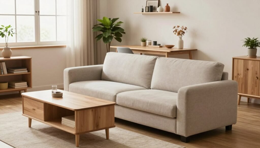 A cozy small apartment showcasing smart furniture choices designed for optimal space efficiency. In the foreground, a stylish multifunctional sofa bed in soft, neutral tones, paired with a compact coffee table that doubles as storage. The middle section features a sleek, expandable dining table set against a wall with minimalist shelving displaying decorative items. A vibrant indoor plant adds a touch of nature. In the background, large windows allow natural light to flood the room, creating a warm atmosphere. The scene is shot from a slight angle to capture depth, with soft lighting highlighting the textures of the furniture. The overall mood is inviting and organized, exemplifying practical elegance suitable for a small living space. A cozy small apartment showcasing smart furniture choices designed for optimal space efficiency. In the foreground, a stylish multifunctional sofa bed in soft, neutral tones, paired with a compact coffee table that doubles as storage. The middle section features a sleek, expandable dining table set against a wall with minimalist shelving displaying decorative items. A vibrant indoor plant adds a touch of nature. In the background, large windows allow natural light to flood the room, creating a warm atmosphere. The scene is shot from a slight angle to capture depth, with soft lighting highlighting the textures of the furniture. The overall mood is inviting and organized, exemplifying practical elegance suitable for a small living space.