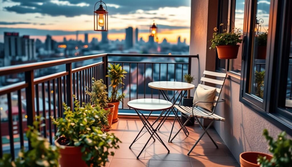 A cozy small balcony decorated with functional features, featuring a compact bistro table and two stylish chairs, surrounded by potted plants and greenery. In the foreground, a small herb garden adds a touch of freshness. The middle layer showcases decorative lanterns hanging from the railing, softly illuminated in the warm evening glow. The background includes a cityscape view at sunset, creating a serene atmosphere. The lighting is warm and inviting, casting gentle shadows on the balcony floor. The scene should evoke a sense of relaxation and functionality, perfect for enjoying a morning coffee or evening relaxation while maximizing the use of limited outdoor space. The image should be crafted with a slight depth of field, focusing on the balcony while slightly blurring the distant skyline. A cozy small balcony decorated with functional features, featuring a compact bistro table and two stylish chairs, surrounded by potted plants and greenery. In the foreground, a small herb garden adds a touch of freshness. The middle layer showcases decorative lanterns hanging from the railing, softly illuminated in the warm evening glow. The background includes a cityscape view at sunset, creating a serene atmosphere. The lighting is warm and inviting, casting gentle shadows on the balcony floor. The scene should evoke a sense of relaxation and functionality, perfect for enjoying a morning coffee or evening relaxation while maximizing the use of limited outdoor space. The image should be crafted with a slight depth of field, focusing on the balcony while slightly blurring the distant skyline.