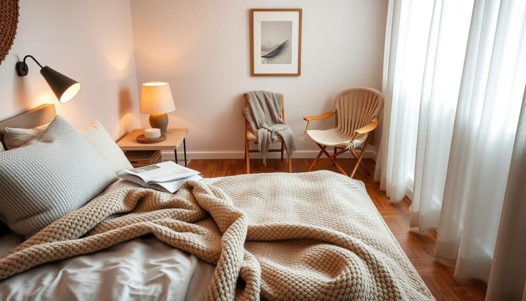 A cozy small bedroom adorned with layered textiles for comfort and style. In the foreground, a neatly made bed features a plush, textured throw blanket, and an assortment of decorative pillows in soft, muted colors. A stylish bedside table holds a warm lamp, casting a gentle glow. In the middle, a woven rug adds warmth to the wooden floor, while a folding chair draped with a soft shawl invites relaxation. The background showcases simple, elegant wall art and light, sheer curtains allowing natural light to filter in, creating an airy and inviting atmosphere. The overall mood is serene and harmonious, perfect for a small urban living space. The image is captured with a soft focus lens to enhance the cozy feel. A cozy small bedroom adorned with layered textiles for comfort and style. In the foreground, a neatly made bed features a plush, textured throw blanket, and an assortment of decorative pillows in soft, muted colors. A stylish bedside table holds a warm lamp, casting a gentle glow. In the middle, a woven rug adds warmth to the wooden floor, while a folding chair draped with a soft shawl invites relaxation. The background showcases simple, elegant wall art and light, sheer curtains allowing natural light to filter in, creating an airy and inviting atmosphere. The overall mood is serene and harmonious, perfect for a small urban living space. The image is captured with a soft focus lens to enhance the cozy feel.