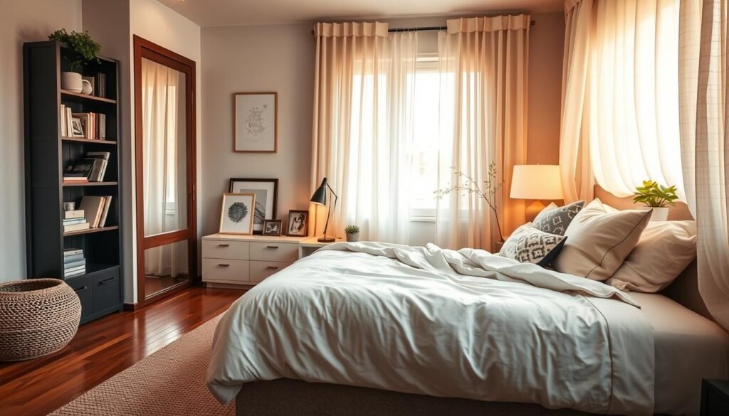 A cozy small bedroom design with soft, layered textiles. In the foreground, a neatly made bed with a plush, light-colored duvet, complemented by an array of decorative pillows in pastel tones. The middle features a stylish bedside table adorned with a small, elegant lamp and a few meaningful trinkets, like a framed photo and a potted succulent. In the background, light-filtering sheer curtains gently frame a window, allowing warm, natural light to bathe the space in a soft glow. A textured area rug adds warmth to the wooden floor, and a tastefully arranged bookshelf showcases personal items, books, and plants. The atmosphere feels inviting and serene, evoking a sense of comfort and personalization. The room is photographed from a slightly elevated angle for a wider view. A cozy small bedroom design with soft, layered textiles. In the foreground, a neatly made bed with a plush, light-colored duvet, complemented by an array of decorative pillows in pastel tones. The middle features a stylish bedside table adorned with a small, elegant lamp and a few meaningful trinkets, like a framed photo and a potted succulent. In the background, light-filtering sheer curtains gently frame a window, allowing warm, natural light to bathe the space in a soft glow. A textured area rug adds warmth to the wooden floor, and a tastefully arranged bookshelf showcases personal items, books, and plants. The atmosphere feels inviting and serene, evoking a sense of comfort and personalization. The room is photographed from a slightly elevated angle for a wider view.