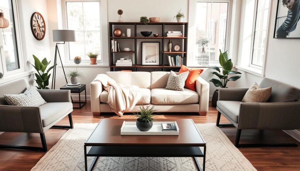 A cozy small living room decorated with stylish accessories that create an illusion of spaciousness. In the foreground, a chic coffee table adorned with a decorative tray, a small plant, and a soft throw. The middle features a comfortable sofa with vibrant cushions, complemented by a slim bookshelf displaying curated decorative items and books. A sleek rug with light colors ties the space together. In the background, large windows allow natural light to flood in, reflecting off light walls that enhance the airy feel. The ambiance is welcoming and uncluttered, evoking a sense of tranquility and sophistication. The scene is captured from a slightly elevated angle, emphasizing the layout and inviting atmosphere, perfect for small apartment living ideas.