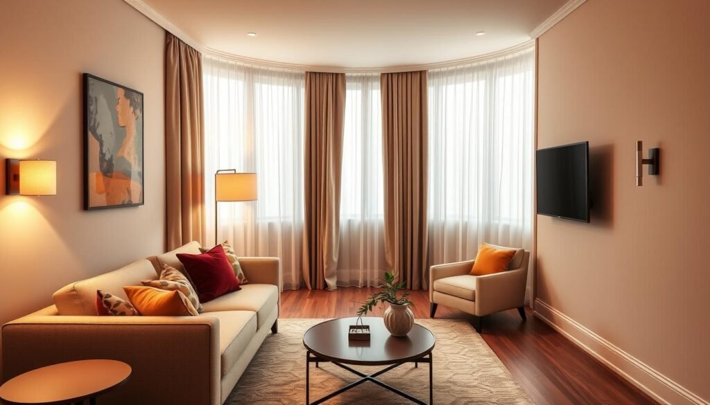 A cozy small living room designed for a long, narrow space, featuring soft, ambient lighting that highlights the room's warm color palette. In the foreground, a stylish, modern sofa with neutral tones, adorned with colorful throw pillows. A chic coffee table sits in front, complemented by a decorative plant. The middle ground showcases strategically placed floor lamps and wall sconces that provide gentle illumination, enhancing the room's cozy atmosphere. In the background, elegant curtains frame tall windows, allowing natural light to flood in. The angle captures the room from a corner, providing a sense of depth and spaciousness, while the overall mood is inviting and well-organized, perfect for relaxation and social gatherings. A cozy small living room designed for a long, narrow space, featuring soft, ambient lighting that highlights the room's warm color palette. In the foreground, a stylish, modern sofa with neutral tones, adorned with colorful throw pillows. A chic coffee table sits in front, complemented by a decorative plant. The middle ground showcases strategically placed floor lamps and wall sconces that provide gentle illumination, enhancing the room's cozy atmosphere. In the background, elegant curtains frame tall windows, allowing natural light to flood in. The angle captures the room from a corner, providing a sense of depth and spaciousness, while the overall mood is inviting and well-organized, perfect for relaxation and social gatherings.