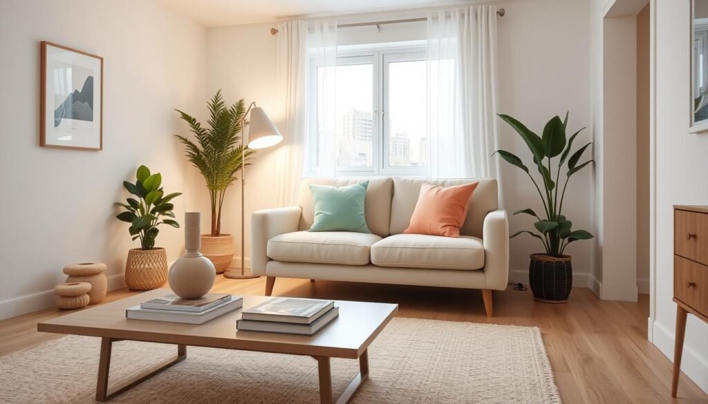 A cozy small living room featuring a light, airy color scheme that enhances the feeling of space. In the foreground, a stylish coffee table with a decorative vase and a few art books sits atop a soft, patterned rug. The middle of the room showcases a compact, modern sofa in soft beige, paired with vibrant throw pillows in pastel shades. A well-placed floor lamp emits warm, inviting light, accentuating the inviting atmosphere. In the background, a bright window lets in natural light, adorned with sheer curtains to maintain openness. Incorporate plants for a touch of nature, and choose a minimalistic decor style with an emphasis on functionality. The image should create a sense of calm and spaciousness, captured with a wide-angle lens to emphasize depth. The overall mood is relaxed and welcoming.