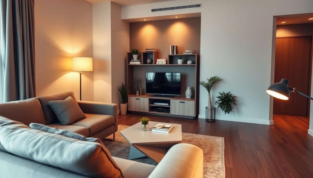 A cozy small living room showcases sleek, compact furniture designed for efficient use of space. The foreground features a stylish, minimalist sofa with clean lines, adorned with a couple of throw pillows. A modern coffee table, light-colored with a geometric design, sits in front of the sofa. In the middle, a compact entertainment unit holds a flat-screen TV, surrounded by tasteful decor items and potted greenery. The background shows a small bookshelf filled with neatly organized books and decorative accents. Soft, warm lighting casts a welcoming glow, highlighting the furniture’s elegant details. The scene is viewed from a slightly angled perspective, offering a dynamic sense of space while maintaining an inviting atmosphere, perfect for a small living room setting. A cozy small living room showcases sleek, compact furniture designed for efficient use of space. The foreground features a stylish, minimalist sofa with clean lines, adorned with a couple of throw pillows. A modern coffee table, light-colored with a geometric design, sits in front of the sofa. In the middle, a compact entertainment unit holds a flat-screen TV, surrounded by tasteful decor items and potted greenery. The background shows a small bookshelf filled with neatly organized books and decorative accents. Soft, warm lighting casts a welcoming glow, highlighting the furniture’s elegant details. The scene is viewed from a slightly angled perspective, offering a dynamic sense of space while maintaining an inviting atmosphere, perfect for a small living room setting.