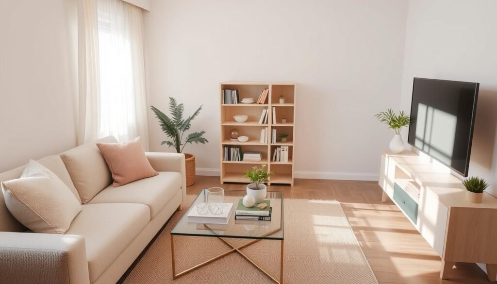 A cozy small living room that showcases effective styling tips. In the foreground, a light-colored, modular sofa adorned with pastel throw pillows, paired with a sleek, glass coffee table featuring a few decorative books and a small potted plant. In the middle, a soft area rug in a neutral tone anchors the space, while a compact, minimalist bookshelf with light wood finish adds functionality and style. The background reveals soft, natural light filtering through sheer curtains, illuminating the room's pale walls and enhancing the airy atmosphere. Use a warm, inviting color palette to create a serene mood. The angle of the shot is slightly above eye level, capturing the layout and making the space feel both stylish and approachable. A cozy small living room that showcases effective styling tips. In the foreground, a light-colored, modular sofa adorned with pastel throw pillows, paired with a sleek, glass coffee table featuring a few decorative books and a small potted plant. In the middle, a soft area rug in a neutral tone anchors the space, while a compact, minimalist bookshelf with light wood finish adds functionality and style. The background reveals soft, natural light filtering through sheer curtains, illuminating the room's pale walls and enhancing the airy atmosphere. Use a warm, inviting color palette to create a serene mood. The angle of the shot is slightly above eye level, capturing the layout and making the space feel both stylish and approachable.
