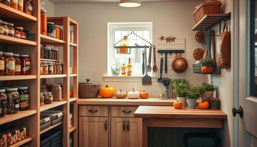 A cozy, small pantry design showcasing seasonal storage strategies. In the foreground, a stylish shelving unit made of light wood, neatly organized with colorful jars of preserved fruits and vegetables, along with labeled baskets for grains and snacks. In the middle, a rustic wooden worktop adorned with seasonal kitchenware, such as pumpkins and gourds for autumn, and vibrant herbs in pots for summer. The background features soft, ambient lighting filtering through a small window, casting gentle shadows on a painted pegboard displaying tools and accessories. The mood is warm and inviting, emphasizing practicality and efficiency in limited space, creating an atmosphere of inspiration and organization. A cozy, small pantry design showcasing seasonal storage strategies. In the foreground, a stylish shelving unit made of light wood, neatly organized with colorful jars of preserved fruits and vegetables, along with labeled baskets for grains and snacks. In the middle, a rustic wooden worktop adorned with seasonal kitchenware, such as pumpkins and gourds for autumn, and vibrant herbs in pots for summer. The background features soft, ambient lighting filtering through a small window, casting gentle shadows on a painted pegboard displaying tools and accessories. The mood is warm and inviting, emphasizing practicality and efficiency in limited space, creating an atmosphere of inspiration and organization.