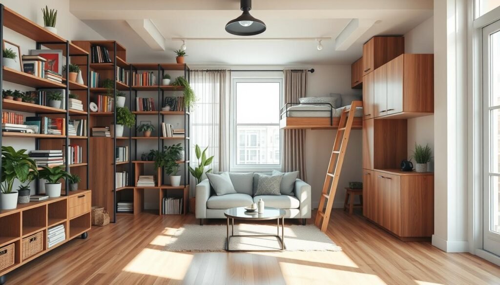 A cozy studio apartment designed to maximize vertical storage solutions, featuring tall shelves filled with neatly organized books and plants, a multifunctional loft bed with built-in cubbies underneath, and wall-mounted cabinets. In the foreground, a stylish compact sofa and a small coffee table create a welcoming seating area. The middle ground showcases a wooden ladder leaning against the shelves, adding a touch of warmth. The background reveals bright, natural light flowing through large windows, casting soft shadows on the wooden floor, enhancing the spacious feel. The atmosphere is comfortable and inviting, perfect for urban living, captured from a slightly tilted angle to emphasize height and openness, with a soft focus to evoke a serene ambiance. A cozy studio apartment designed to maximize vertical storage solutions, featuring tall shelves filled with neatly organized books and plants, a multifunctional loft bed with built-in cubbies underneath, and wall-mounted cabinets. In the foreground, a stylish compact sofa and a small coffee table create a welcoming seating area. The middle ground showcases a wooden ladder leaning against the shelves, adding a touch of warmth. The background reveals bright, natural light flowing through large windows, casting soft shadows on the wooden floor, enhancing the spacious feel. The atmosphere is comfortable and inviting, perfect for urban living, captured from a slightly tilted angle to emphasize height and openness, with a soft focus to evoke a serene ambiance.