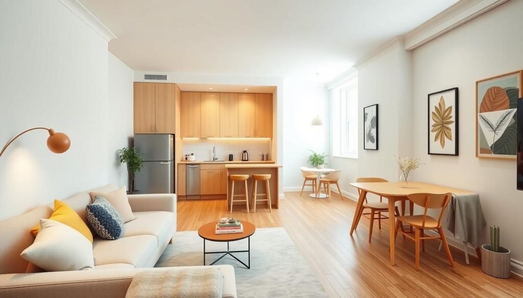 A cozy studio apartment showcasing a small space design that emphasizes a harmonious color palette. In the foreground, a modern, compact living area featuring a stylish sofa in soft pastels, a minimalistic coffee table, and decorative cushions that complement the color scheme. The middle ground presents a functional kitchen and a compact dining area with natural wood tones and bright, airy accents. The background reveals a clever use of light, bright walls adorned with tasteful artwork, making the space feel larger and inviting. Soft, diffused lighting highlights the textures and colors, while a large window allows natural light to flood in. The atmosphere is warm and inviting, perfect for urban living. A cozy studio apartment showcasing a small space design that emphasizes a harmonious color palette. In the foreground, a modern, compact living area featuring a stylish sofa in soft pastels, a minimalistic coffee table, and decorative cushions that complement the color scheme. The middle ground presents a functional kitchen and a compact dining area with natural wood tones and bright, airy accents. The background reveals a clever use of light, bright walls adorned with tasteful artwork, making the space feel larger and inviting. Soft, diffused lighting highlights the textures and colors, while a large window allows natural light to flood in. The atmosphere is warm and inviting, perfect for urban living.