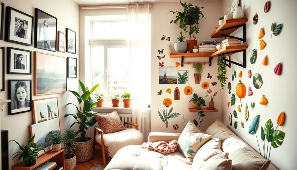 A cozy, stylish apartment corner showcasing various DIY wall decor ideas. In the foreground, a well-arranged gallery wall features framed photographs, hand-painted canvases, and decorative wooden shelves with potted plants. The middle ground includes a comfortable reading nook with a soft chair, surrounded by vibrant, removable wall stickers depicting nature. The background consists of a bright window, allowing natural light to filter in, illuminating the room with a warm, inviting glow. The atmosphere is relaxed and personal, appealing to young individuals looking to express their style. The image captures a wide-angle perspective to showcase the entire space, emphasizing the creativity and charm of personalized decor without causing any damage to walls. A cozy, stylish apartment corner showcasing various DIY wall decor ideas. In the foreground, a well-arranged gallery wall features framed photographs, hand-painted canvases, and decorative wooden shelves with potted plants. The middle ground includes a comfortable reading nook with a soft chair, surrounded by vibrant, removable wall stickers depicting nature. The background consists of a bright window, allowing natural light to filter in, illuminating the room with a warm, inviting glow. The atmosphere is relaxed and personal, appealing to young individuals looking to express their style. The image captures a wide-angle perspective to showcase the entire space, emphasizing the creativity and charm of personalized decor without causing any damage to walls.