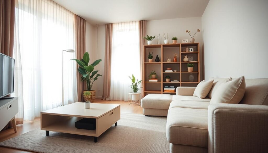 A cozy, tiny living room showcasing space-saving furniture designed to maximize natural light. In the foreground, a sleek, minimalist coffee table with built-in storage sits atop a light, textured rug. To the right, a compact, modern sofa in soft beige, adorned with small, colorful cushions, faces a large window that floods the space with bright sunlight. In the middle, a stylish bookshelf with open shelving holds a variety of plants and decor, enhancing the airy feel. The background features sheer curtains that gently diffuse the light, creating a warm atmosphere. The scene is captured with a wide-angle lens, emphasizing the openness of the space and inviting a serene, uplifting mood throughout the tiny apartment.