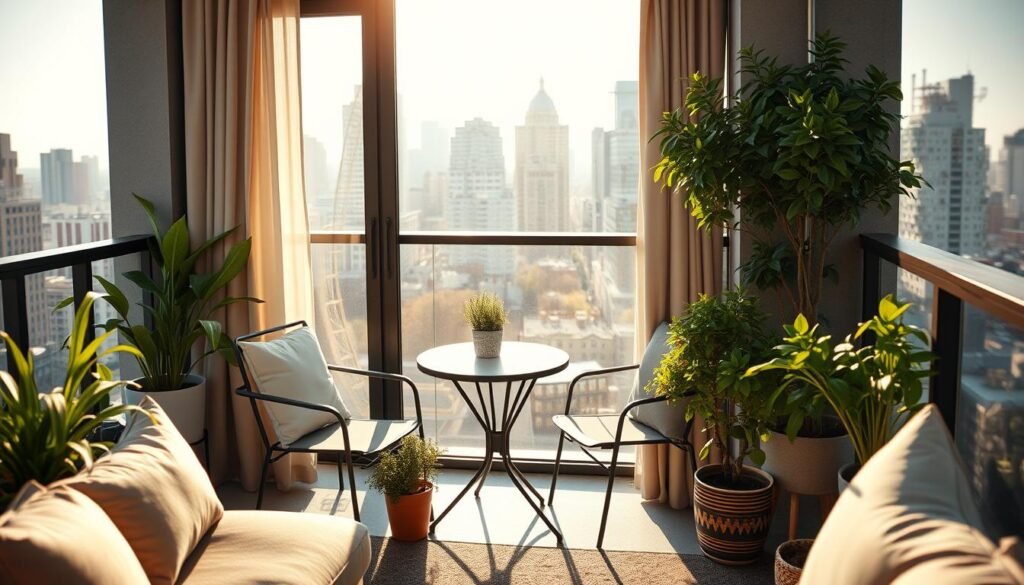 A cozy urban studio apartment balcony showcasing outdoor living in a small space. In the foreground, a stylish, minimalist patio arrangement features a small round table, two comfortable chairs, and potted plants bursting with greenery. The middle layer reveals the studio's glass sliding doors, inviting natural light, reflecting soft morning sunshine. The background presents a city skyline with modern buildings, hinting at vibrant city life. Incorporate warm, golden hour lighting that casts soft shadows, enhancing the cozy ambiance. Capture the scene from a slightly elevated angle, emphasizing the connection between indoor and outdoor spaces, and creating a sense of tranquility and relaxation amidst the urban hustle. A cozy urban studio apartment balcony showcasing outdoor living in a small space. In the foreground, a stylish, minimalist patio arrangement features a small round table, two comfortable chairs, and potted plants bursting with greenery. The middle layer reveals the studio's glass sliding doors, inviting natural light, reflecting soft morning sunshine. The background presents a city skyline with modern buildings, hinting at vibrant city life. Incorporate warm, golden hour lighting that casts soft shadows, enhancing the cozy ambiance. Capture the scene from a slightly elevated angle, emphasizing the connection between indoor and outdoor spaces, and creating a sense of tranquility and relaxation amidst the urban hustle.