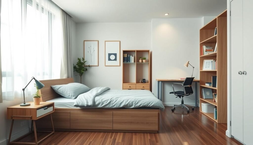 A cozy, well-arranged small bedroom that maximizes space efficiency, featuring a modular bed with integrated storage beneath. In the foreground, a stylish nightstand holds a small lamp and a potted plant. The middle ground showcases a compact workspace with a foldable desk and ergonomic chair, adjacent to a well-organized bookshelf. Soft, natural light streams in through a large window with sheer curtains, creating an inviting atmosphere. The background contains light-colored walls adorned with minimalist artwork, enhancing the feeling of openness. The scene captures a harmonious blend of rest and functionality, suggesting tranquility and practicality in a small living space. The overall mood is uplifting, with a peaceful color palette of soft blues and neutral tones. The image uses a wide-angle lens to emphasize the compact yet efficient layout. A cozy, well-arranged small bedroom that maximizes space efficiency, featuring a modular bed with integrated storage beneath. In the foreground, a stylish nightstand holds a small lamp and a potted plant. The middle ground showcases a compact workspace with a foldable desk and ergonomic chair, adjacent to a well-organized bookshelf. Soft, natural light streams in through a large window with sheer curtains, creating an inviting atmosphere. The background contains light-colored walls adorned with minimalist artwork, enhancing the feeling of openness. The scene captures a harmonious blend of rest and functionality, suggesting tranquility and practicality in a small living space. The overall mood is uplifting, with a peaceful color palette of soft blues and neutral tones. The image uses a wide-angle lens to emphasize the compact yet efficient layout.