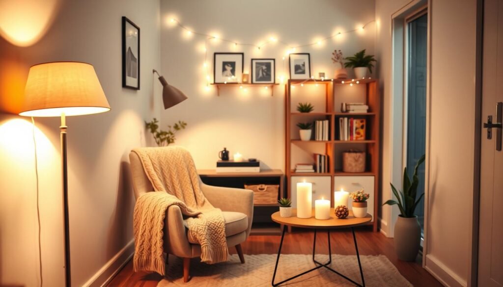 A cozy, well-decorated small apartment living space, showcasing effective lighting strategies for a warm atmosphere. In the foreground, a stylish floor lamp with a soft, golden glow illuminates a plush reading nook with a comfy chair and knitted throw blanket. The middle of the room features a small, modern coffee table adorned with decorative candles and potted plants, enhancing the inviting ambiance. In the background, soft fairy lights twinkle above a shelf filled with books and small art pieces. The overall lighting is warm and inviting, using ambient light against pastel walls. The image should convey a sense of comfort and homeliness, perfect for a first apartment decor. Capture the scene from a slightly elevated angle, emphasizing the layout and cozy details while maintaining clarity and focus. A cozy, well-decorated small apartment living space, showcasing effective lighting strategies for a warm atmosphere. In the foreground, a stylish floor lamp with a soft, golden glow illuminates a plush reading nook with a comfy chair and knitted throw blanket. The middle of the room features a small, modern coffee table adorned with decorative candles and potted plants, enhancing the inviting ambiance. In the background, soft fairy lights twinkle above a shelf filled with books and small art pieces. The overall lighting is warm and inviting, using ambient light against pastel walls. The image should convey a sense of comfort and homeliness, perfect for a first apartment decor. Capture the scene from a slightly elevated angle, emphasizing the layout and cozy details while maintaining clarity and focus.