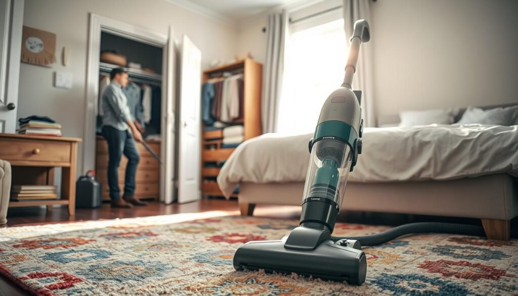 A cozy, well-lit bedroom undergoing a quick cleaning transformation. In the foreground, a modern vacuum cleaner is actively cleaning a colorful rug, with visible dust and small debris being suctioned in. To the left, a neatly dressed person in casual but professional attire is moving a small pile of books off a bedside table, focusing intently on tidiness. In the middle ground, a partially open closet reveals neatly organized clothes and shoes. The background features soft, natural light streaming through a window, illuminating dust motes in the air. The overall atmosphere is refreshing and motivating, showcasing an effective, efficient cleaning process. The image should evoke a sense of urgency and clarity, perfect for quick cleaning inspiration. A cozy, well-lit bedroom undergoing a quick cleaning transformation. In the foreground, a modern vacuum cleaner is actively cleaning a colorful rug, with visible dust and small debris being suctioned in. To the left, a neatly dressed person in casual but professional attire is moving a small pile of books off a bedside table, focusing intently on tidiness. In the middle ground, a partially open closet reveals neatly organized clothes and shoes. The background features soft, natural light streaming through a window, illuminating dust motes in the air. The overall atmosphere is refreshing and motivating, showcasing an effective, efficient cleaning process. The image should evoke a sense of urgency and clarity, perfect for quick cleaning inspiration.