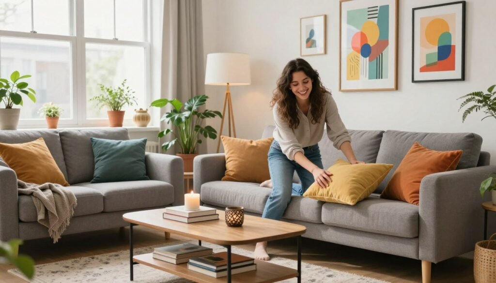 A cozy, well-lit living room in a newly decorated apartment. In the foreground, a smiling young woman in casual clothing arranges colorful throw pillows on a modern grey sofa, surrounded by houseplants and framed artwork. In the middle, a stylish coffee table displays a small stack of books and a decorative candle, with a soft area rug beneath. In the background, large windows let in warm, natural light, illuminating white walls adorned with vibrant wall art. The atmosphere is inviting and cheerful, showcasing fresh decor elements such as a trendy floor lamp and a cozy blanket draped over the couch. The composition captures the joy and creativity of personalizing a new living space. A cozy, well-lit living room in a newly decorated apartment. In the foreground, a smiling young woman in casual clothing arranges colorful throw pillows on a modern grey sofa, surrounded by houseplants and framed artwork. In the middle, a stylish coffee table displays a small stack of books and a decorative candle, with a soft area rug beneath. In the background, large windows let in warm, natural light, illuminating white walls adorned with vibrant wall art. The atmosphere is inviting and cheerful, showcasing fresh decor elements such as a trendy floor lamp and a cozy blanket draped over the couch. The composition captures the joy and creativity of personalizing a new living space.