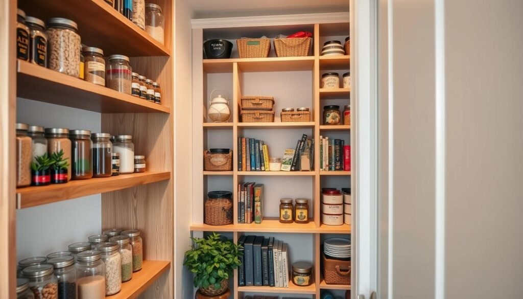 A cozy, well-organized pantry showcasing smart corner shelving ideas in a small kitchen space. In the foreground, sleek wooden shelves filled with jars of spices, containers of grains, and small potted herbs create a vibrant display. The middle section features a corner shelving unit with tiered open shelves that maximize storage, accented by decorative baskets and a collection of cookbooks. Soft, warm lighting highlights the natural textures of the wood and the colorful labels on the containers. The background gently fades into shelves filled with neatly stocked pantry essentials, all contributing to a warm, inviting atmosphere that embodies practical organization and efficient use of space. The image should be captured at a slight angle to give depth and perspective, emphasizing the charm of a well-utilized corner pantry. A cozy, well-organized pantry showcasing smart corner shelving ideas in a small kitchen space. In the foreground, sleek wooden shelves filled with jars of spices, containers of grains, and small potted herbs create a vibrant display. The middle section features a corner shelving unit with tiered open shelves that maximize storage, accented by decorative baskets and a collection of cookbooks. Soft, warm lighting highlights the natural textures of the wood and the colorful labels on the containers. The background gently fades into shelves filled with neatly stocked pantry essentials, all contributing to a warm, inviting atmosphere that embodies practical organization and efficient use of space. The image should be captured at a slight angle to give depth and perspective, emphasizing the charm of a well-utilized corner pantry.
