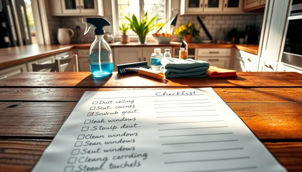 A detailed deep cleaning checklist displayed on a rustic wooden table. In the foreground, a neatly arranged checklist, with boxes for each task like "Dust ceiling corners," "Scrub grout," and "Clean windows," all written in elegant, legible handwriting. In the middle, various cleaning supplies such as a spray bottle, scrub brush, and microfiber cloths, create a sense of preparation and readiness. The background features a bright, sunlit kitchen with shining countertops and a glimpse of lush green plants in the window, conveying freshness. Soft, natural lighting filters in, casting gentle shadows, enhancing the inviting atmosphere. The angle is a top-down view to emphasize the checklist while capturing the tidy environment around it. A detailed deep cleaning checklist displayed on a rustic wooden table. In the foreground, a neatly arranged checklist, with boxes for each task like "Dust ceiling corners," "Scrub grout," and "Clean windows," all written in elegant, legible handwriting. In the middle, various cleaning supplies such as a spray bottle, scrub brush, and microfiber cloths, create a sense of preparation and readiness. The background features a bright, sunlit kitchen with shining countertops and a glimpse of lush green plants in the window, conveying freshness. Soft, natural lighting filters in, casting gentle shadows, enhancing the inviting atmosphere. The angle is a top-down view to emphasize the checklist while capturing the tidy environment around it.