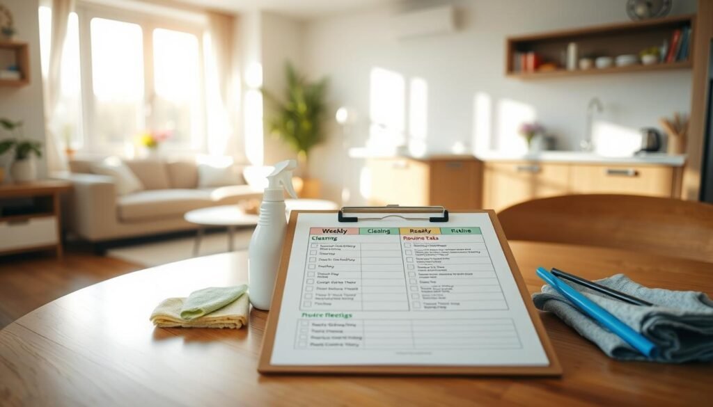 A meticulously organized household cleaning schedule displayed on a stylish wooden table. In the foreground, a clipboard with a colorful weekly cleaning checklist featuring deep cleaning tasks on one side and routine cleaning tasks on the other. A bright, airy kitchen fills the middle, with sunlight streaming through a window, casting warm shadows. Various cleaning supplies are neatly arranged near the clipboard, including a spray bottle, microfiber cloths, and a broom. In the background, glimpses of a tidy living room can be seen, with a potted plant and a fresh vase of flowers, enhancing the clean and inviting atmosphere. The mood is one of clarity and motivation, perfect for illustrating effective home cleaning strategies. A meticulously organized household cleaning schedule displayed on a stylish wooden table. In the foreground, a clipboard with a colorful weekly cleaning checklist featuring deep cleaning tasks on one side and routine cleaning tasks on the other. A bright, airy kitchen fills the middle, with sunlight streaming through a window, casting warm shadows. Various cleaning supplies are neatly arranged near the clipboard, including a spray bottle, microfiber cloths, and a broom. In the background, glimpses of a tidy living room can be seen, with a potted plant and a fresh vase of flowers, enhancing the clean and inviting atmosphere. The mood is one of clarity and motivation, perfect for illustrating effective home cleaning strategies.