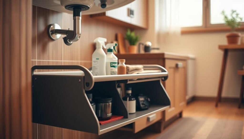 A modern, adjustable under sink shelf designed for small spaces, featuring a sleek, minimalist style. In the foreground, showcase the shelf made from durable, eco-friendly materials, highlighting its adjustable height and versatile storage compartments. The middle ground includes neatly organized cleaning supplies, ensuring a tidy and functional appearance. In the background, a softly lit kitchen environment enhances the cozy atmosphere, with soft natural light filtering in from a nearby window. Use a wide-angle lens to emphasize the compactness of the shelf in relation to the surrounding cabinetry, creating a sense of space-saving efficiency. The mood is warm and inviting, ideal for illustrating effective organization in a small apartment setting. A modern, adjustable under sink shelf designed for small spaces, featuring a sleek, minimalist style. In the foreground, showcase the shelf made from durable, eco-friendly materials, highlighting its adjustable height and versatile storage compartments. The middle ground includes neatly organized cleaning supplies, ensuring a tidy and functional appearance. In the background, a softly lit kitchen environment enhances the cozy atmosphere, with soft natural light filtering in from a nearby window. Use a wide-angle lens to emphasize the compactness of the shelf in relation to the surrounding cabinetry, creating a sense of space-saving efficiency. The mood is warm and inviting, ideal for illustrating effective organization in a small apartment setting.