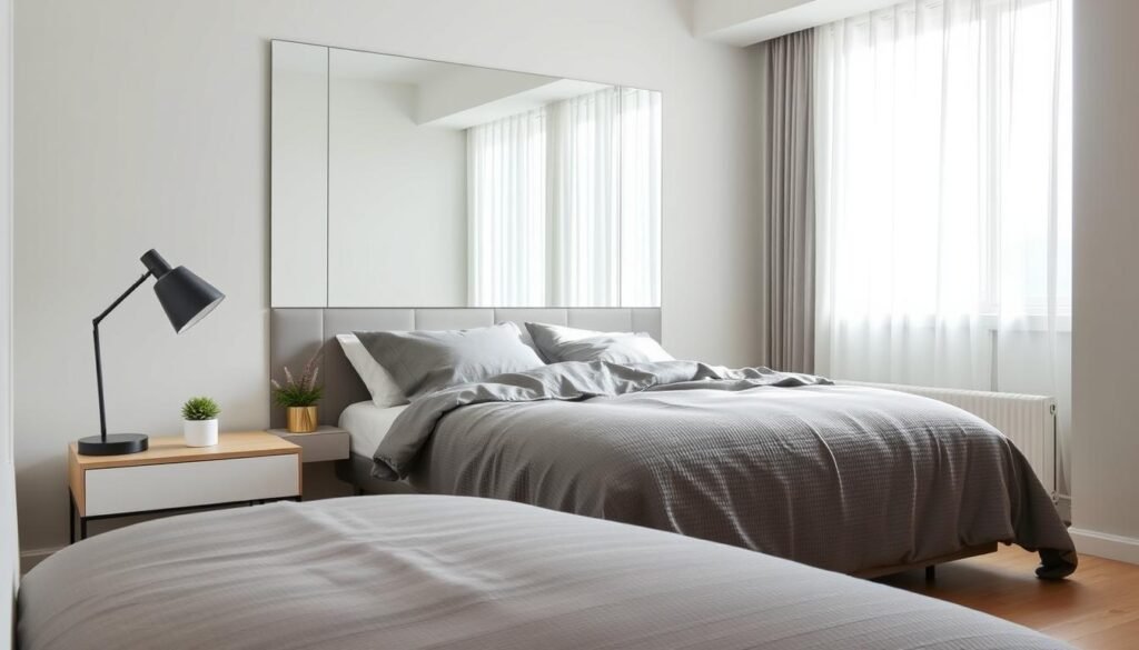 A modern apartment bedroom designed for small spaces, featuring a minimalist aesthetic and a neutral color palette. In the foreground, a stylish nightstand with a sleek lamp and a small potted plant. The middle layer showcases a cozy bed with a textured gray duvet and abundant pillows, situated against a wall adorned with a large mirror that reflects natural light, enhancing the sense of space. The background reveals a window with sheer curtains letting in ambient sunlight, complemented by light-colored walls and wooden flooring. The mood is serene and inviting, evoking a tranquil atmosphere perfect for relaxation. The scene is captured from a slightly elevated angle to highlight the interplay of light and reflections without human subjects. A modern apartment bedroom designed for small spaces, featuring a minimalist aesthetic and a neutral color palette. In the foreground, a stylish nightstand with a sleek lamp and a small potted plant. The middle layer showcases a cozy bed with a textured gray duvet and abundant pillows, situated against a wall adorned with a large mirror that reflects natural light, enhancing the sense of space. The background reveals a window with sheer curtains letting in ambient sunlight, complemented by light-colored walls and wooden flooring. The mood is serene and inviting, evoking a tranquil atmosphere perfect for relaxation. The scene is captured from a slightly elevated angle to highlight the interplay of light and reflections without human subjects.