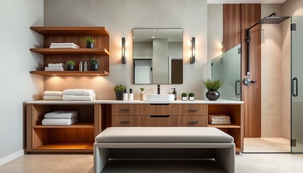 A modern bathroom interior showcasing multi-functional furniture that seamlessly integrates storage and seating. In the foreground, a sleek, compact bench with hidden storage compartments sits against the wall, upholstered in a soft, neutral fabric. Above, elegant wooden shelves display neatly arranged towels, decorative plants, and minimalist toiletries, emphasizing a clutter-free environment. The middle section features a stylish vanity with a large mirror reflecting warm, ambient lighting from stylish sconces. The background reveals light-colored tiles and a frosted glass shower, contributing to a serene, refreshing atmosphere. The scene is well-lit, capturing the essence of functionality and comfort, with a focus on clean lines and contemporary aesthetics. The angle is slightly elevated, providing a comprehensive view that highlights the harmony between the various elements in the bathroom.