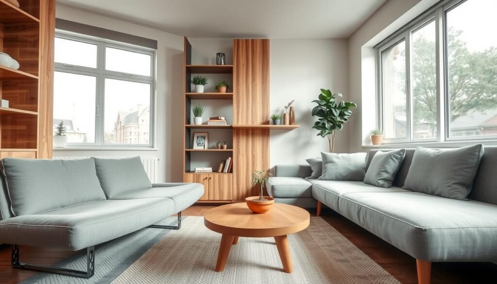 A modern compact living room featuring space-saving furniture made from sustainable materials. In the foreground, a sleek, multifunctional sofa bed upholstered in light grey fabric is positioned next to a minimalistic wooden coffee table with rounded edges. In the middle, a stylish wall-mounted bookshelf displays small plants and decorative items, emphasizing vertical storage solutions. The background features a large window allowing natural light to fill the room, creating a bright and airy atmosphere. The lighting is soft and diffused, enhancing the warm tones of the natural wood and cozy textiles. Capture the scene from a slightly elevated angle to emphasize depth and arrangement, creating an inviting yet efficient space perfect for tiny living.