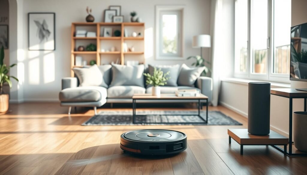 A modern home interior showcasing a clean living space. In the foreground, a sleek robotic vacuum cleaner glides across a polished hardwood floor, effortlessly picking up dust. In the middle, there’s a stylish couch adorned with neatly arranged cushions and a coffee table displaying a few neatly stacked books and a fresh plant. Natural light floods in from large windows, emphasizing a bright and airy atmosphere. In the background, shelves are organized with decorative items and a smart speaker sits on a side table. The color palette is soft and inviting, with pastel tones and greenery creating a calming ambience. The overall mood is one of technological efficiency and tranquility in a well-maintained environment. A modern home interior showcasing a clean living space. In the foreground, a sleek robotic vacuum cleaner glides across a polished hardwood floor, effortlessly picking up dust. In the middle, there’s a stylish couch adorned with neatly arranged cushions and a coffee table displaying a few neatly stacked books and a fresh plant. Natural light floods in from large windows, emphasizing a bright and airy atmosphere. In the background, shelves are organized with decorative items and a smart speaker sits on a side table. The color palette is soft and inviting, with pastel tones and greenery creating a calming ambience. The overall mood is one of technological efficiency and tranquility in a well-maintained environment.