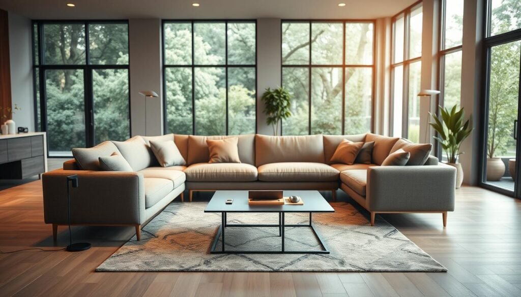 A modern living room featuring an optimized L-shaped corner sofa layout that seamlessly incorporates technology. In the foreground, show a sleek corner sofa with comfortable cushions, positioned to create an inviting conversation space. Add integrated smart devices like a wireless charging station and stylish speakers discreetly placed nearby. In the middle, include a minimalist coffee table with a few tech gadgets, like a tablet or smart home controller. In the background, showcase large windows allowing natural light to flood the space, with a subtle view of outdoor greenery. Use warm, ambient lighting to create a cozy atmosphere, with a shallow depth of field to highlight the sofa layout while softly blurring the background. The overall mood should be contemporary and functional, reflecting a tech-savvy living environment. A modern living room featuring an optimized L-shaped corner sofa layout that seamlessly incorporates technology. In the foreground, show a sleek corner sofa with comfortable cushions, positioned to create an inviting conversation space. Add integrated smart devices like a wireless charging station and stylish speakers discreetly placed nearby. In the middle, include a minimalist coffee table with a few tech gadgets, like a tablet or smart home controller. In the background, showcase large windows allowing natural light to flood the space, with a subtle view of outdoor greenery. Use warm, ambient lighting to create a cozy atmosphere, with a shallow depth of field to highlight the sofa layout while softly blurring the background. The overall mood should be contemporary and functional, reflecting a tech-savvy living environment.