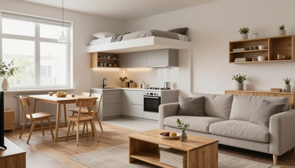 A modern open-concept studio apartment showcasing functional zones that maximize space efficiency. In the foreground, a cozy living area features a stylish, compact couch and a multifunctional coffee table that doubles as storage. To the left, a small dining nook with a foldable table and chairs, perfect for intimate meals or workspace. The middle section reveals an elegant kitchen area with sleek cabinets, a minimalist design, and organized shelves. In the background, a neatly arranged sleeping area with a lofted bed, under which there’s additional storage. Soft, natural lighting illuminates the scene through a large window, highlighting the warm color palette of whites, grays, and light wood tones. The overall atmosphere is inviting and practical, emphasizing a sense of harmony and order. A modern open-concept studio apartment showcasing functional zones that maximize space efficiency. In the foreground, a cozy living area features a stylish, compact couch and a multifunctional coffee table that doubles as storage. To the left, a small dining nook with a foldable table and chairs, perfect for intimate meals or workspace. The middle section reveals an elegant kitchen area with sleek cabinets, a minimalist design, and organized shelves. In the background, a neatly arranged sleeping area with a lofted bed, under which there’s additional storage. Soft, natural lighting illuminates the scene through a large window, highlighting the warm color palette of whites, grays, and light wood tones. The overall atmosphere is inviting and practical, emphasizing a sense of harmony and order.