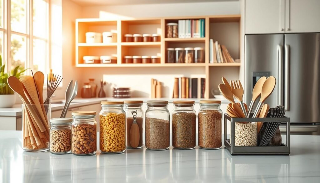 A modern, organized kitchen featuring a variety of innovative storage solutions. In the foreground, a beautifully arranged countertop with clear glass jars filled with colorful pasta, spices, and grains, alongside neatly stacked cutting boards and utensils in a stylish holder. The middle ground showcases an open cabinet with well-organized shelves displaying neatly labeled containers and an arrangement of cookbooks. The background reveals a sleek refrigerator and a tidy kitchen island, accentuated by warm natural light streaming through a nearby window. The overall mood is one of cleanliness and efficiency, evoking a sense of calm and functionality in daily cooking routines. The image should be photographed from a slightly elevated angle, capturing the depth and layout of the kitchen space. A modern, organized kitchen featuring a variety of innovative storage solutions. In the foreground, a beautifully arranged countertop with clear glass jars filled with colorful pasta, spices, and grains, alongside neatly stacked cutting boards and utensils in a stylish holder. The middle ground showcases an open cabinet with well-organized shelves displaying neatly labeled containers and an arrangement of cookbooks. The background reveals a sleek refrigerator and a tidy kitchen island, accentuated by warm natural light streaming through a nearby window. The overall mood is one of cleanliness and efficiency, evoking a sense of calm and functionality in daily cooking routines. The image should be photographed from a slightly elevated angle, capturing the depth and layout of the kitchen space.
