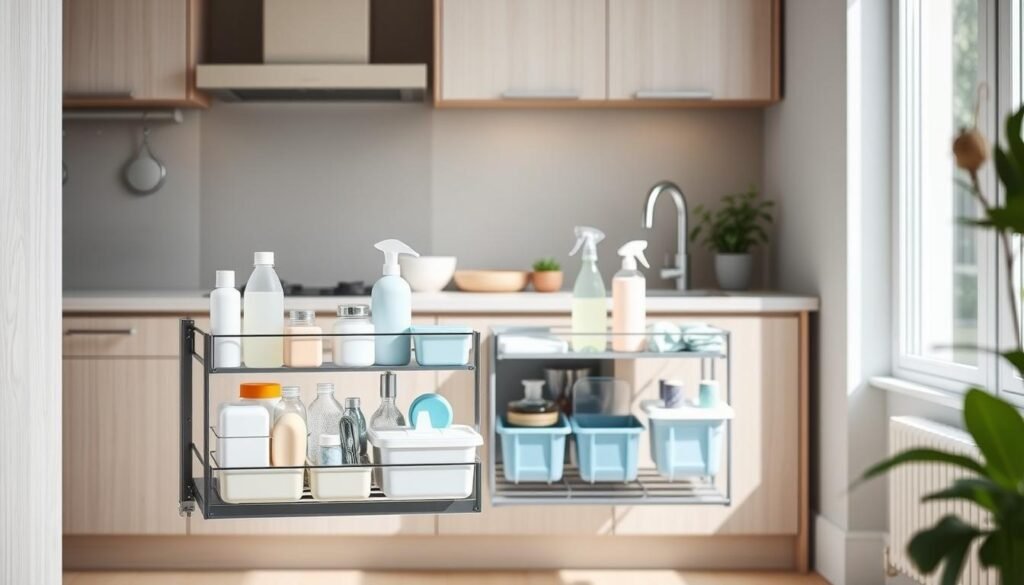 A modern pull-out under sink organizer, designed for small apartments, displayed prominently in a well-lit kitchen setting. The foreground features the sleek organizer with multiple tiers, each showcasing neatly arranged cleaning supplies, kitchen tools, and storage bins in soft pastel colors. In the middle ground, a stylish, contemporary kitchen sink with a beautiful faucet complements the organizer, while a hint of potted herbs adds a touch of greenery. The background reveals light wood cabinetry and subtle textures to create a cozy atmosphere. Soft, natural light filters through a nearby window, casting gentle shadows and enhancing the clean, organized feel of the space. The overall mood is fresh, functional, and inviting, perfect for illustrating efficiency in small living areas. A modern pull-out under sink organizer, designed for small apartments, displayed prominently in a well-lit kitchen setting. The foreground features the sleek organizer with multiple tiers, each showcasing neatly arranged cleaning supplies, kitchen tools, and storage bins in soft pastel colors. In the middle ground, a stylish, contemporary kitchen sink with a beautiful faucet complements the organizer, while a hint of potted herbs adds a touch of greenery. The background reveals light wood cabinetry and subtle textures to create a cozy atmosphere. Soft, natural light filters through a nearby window, casting gentle shadows and enhancing the clean, organized feel of the space. The overall mood is fresh, functional, and inviting, perfect for illustrating efficiency in small living areas.