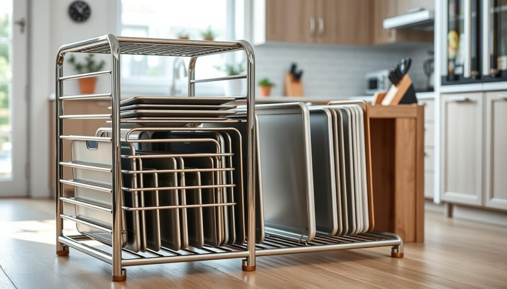 A modern, sleek tray rack made of stainless steel and light wood, elegantly designed to showcase multiple baking sheets in a compact kitchen space. In the foreground, the rack is filled with various sizes of baking sheets and trays, neatly organized for quick access. The middle ground features a small kitchen island with minimalist decor, including potted herbs and a stylish knife block, enhancing the functionality of the space. The background shows a soft focus of modern cabinetry with natural light streaming in from a nearby window, creating a warm and inviting atmosphere. The image should have a bright, airy feel, utilizing natural lighting to highlight the textures of the materials. Capture this scene from a slightly elevated angle to emphasize the multi-functional nature of the furniture. A modern, sleek tray rack made of stainless steel and light wood, elegantly designed to showcase multiple baking sheets in a compact kitchen space. In the foreground, the rack is filled with various sizes of baking sheets and trays, neatly organized for quick access. The middle ground features a small kitchen island with minimalist decor, including potted herbs and a stylish knife block, enhancing the functionality of the space. The background shows a soft focus of modern cabinetry with natural light streaming in from a nearby window, creating a warm and inviting atmosphere. The image should have a bright, airy feel, utilizing natural lighting to highlight the textures of the materials. Capture this scene from a slightly elevated angle to emphasize the multi-functional nature of the furniture.