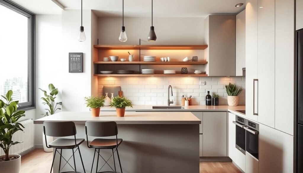 A modern small kitchen showcasing stylish design ideas for limited spaces. In the foreground, a sleek island with minimalist bar stools and vibrant potted herbs adds character. The middle features cabinets with a smooth matte finish, open shelving displaying chic dishware, and a stainless steel sink with a modern faucet. The background reveals a large window allowing natural light to flood in, illuminating the space and creating a warm, inviting atmosphere. Warm accent lighting hangs above the island, enhancing the decorative elements without overwhelming the scene. The overall mood is cozy and contemporary, embodying smart organization and innovative storage solutions, perfect for apartment living. The composition should focus on the kitchen layout from a slightly elevated angle to capture the entire ambiance. A modern small kitchen showcasing stylish design ideas for limited spaces. In the foreground, a sleek island with minimalist bar stools and vibrant potted herbs adds character. The middle features cabinets with a smooth matte finish, open shelving displaying chic dishware, and a stainless steel sink with a modern faucet. The background reveals a large window allowing natural light to flood in, illuminating the space and creating a warm, inviting atmosphere. Warm accent lighting hangs above the island, enhancing the decorative elements without overwhelming the scene. The overall mood is cozy and contemporary, embodying smart organization and innovative storage solutions, perfect for apartment living. The composition should focus on the kitchen layout from a slightly elevated angle to capture the entire ambiance.
