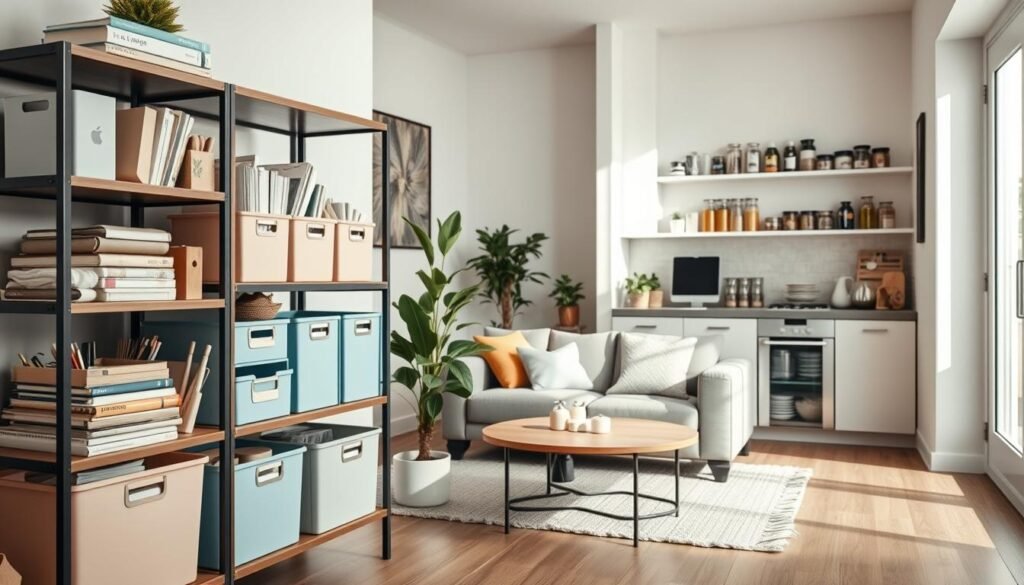 A modern, well-organized home interior, showcasing various sorting systems for efficient organization. In the foreground, a stylish open shelving unit displays neatly labeled storage bins in soft pastel colors, filled with office supplies and craft materials. The middle layer features a cozy living room setup with a coffee table, a potted plant, and a minimalistic magazine holder, all arranged for an inviting atmosphere. In the background, a sunlit kitchen with open cabinets displays organized spice jars and neatly stacked cookware, enhancing the feeling of order. Natural light floods the space, highlighting soft textures and harmonious colors, creating a calm, cheerful ambiance. The image should evoke a sense of tranquility and efficiency, with no people or text included. A modern, well-organized home interior, showcasing various sorting systems for efficient organization. In the foreground, a stylish open shelving unit displays neatly labeled storage bins in soft pastel colors, filled with office supplies and craft materials. The middle layer features a cozy living room setup with a coffee table, a potted plant, and a minimalistic magazine holder, all arranged for an inviting atmosphere. In the background, a sunlit kitchen with open cabinets displays organized spice jars and neatly stacked cookware, enhancing the feeling of order. Natural light floods the space, highlighting soft textures and harmonious colors, creating a calm, cheerful ambiance. The image should evoke a sense of tranquility and efficiency, with no people or text included.