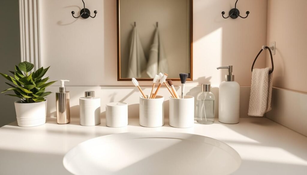 A neatly organized bathroom counter with a minimalist aesthetic, featuring essential items like a toothbrush holder, soap dispenser, and a small potted plant, all arranged harmoniously. In the foreground, a clean white countertop reflects soft morning light, creating a warm and inviting atmosphere. In the middle, classic ceramic storage containers hold cotton swabs and makeup brushes, while a mirror with a sleek frame adds depth to the scene. The background showcases a soft, pastel-hued wall with decorative hooks for towels, enhancing the feeling of organization. The angle is slightly overhead to capture the entirety of the arrangement, emphasizing clarity and simplicity. The mood conveys serenity and order, ideal for maintaining organization over time. A neatly organized bathroom counter with a minimalist aesthetic, featuring essential items like a toothbrush holder, soap dispenser, and a small potted plant, all arranged harmoniously. In the foreground, a clean white countertop reflects soft morning light, creating a warm and inviting atmosphere. In the middle, classic ceramic storage containers hold cotton swabs and makeup brushes, while a mirror with a sleek frame adds depth to the scene. The background showcases a soft, pastel-hued wall with decorative hooks for towels, enhancing the feeling of organization. The angle is slightly overhead to capture the entirety of the arrangement, emphasizing clarity and simplicity. The mood conveys serenity and order, ideal for maintaining organization over time.